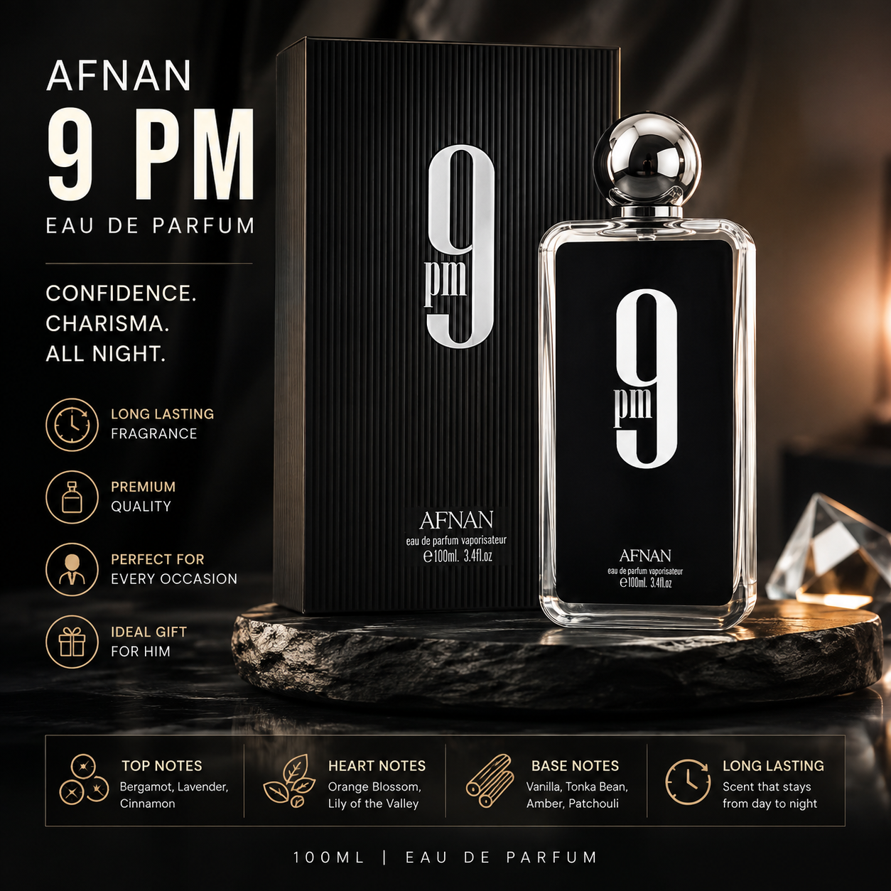 Afnan 9 PM Eau De Parfum 100ml – Long Lasting Luxury Perfume for Men 53%of free home delivery